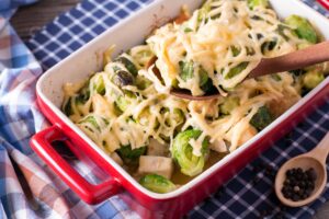 vegetarian lchf breakfast 300x200 - Casserole with Brussels sprouts and cheese on a wooden table