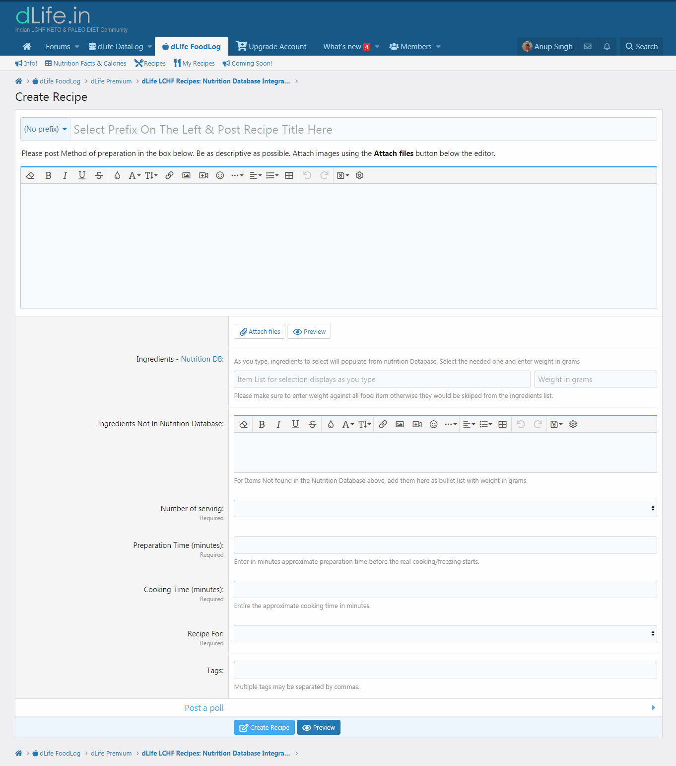 recipes posting - dLife FoodLog - Recipes Integrated With Nutrition Facts Database